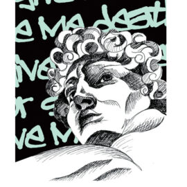 Abstract drawing of Michelangelo's David with graffiti background