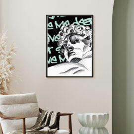 Abstract drawing of Michelangelo's David with graffiti background