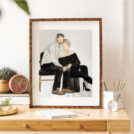 Hand-painted engagement portrait of a couple in a frame