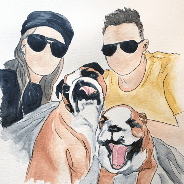Hand-painted portrait of dogs and owners