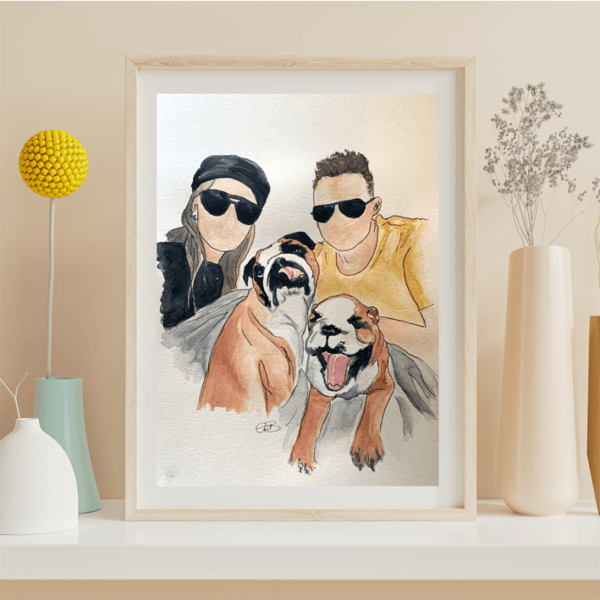 Hand-painted portrait of dogs and owners in a frame
