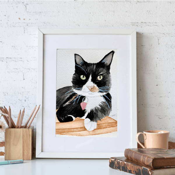 Hand painted cat portrait in a frame