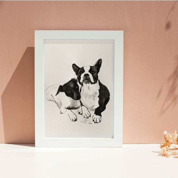 Hand painted dog portrait in a frame