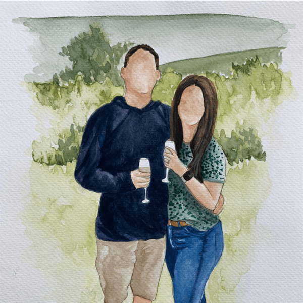 Watercolour engagement portrait of a couple