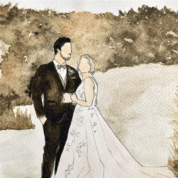 Watercolour wedding portrait of a newlywed couple