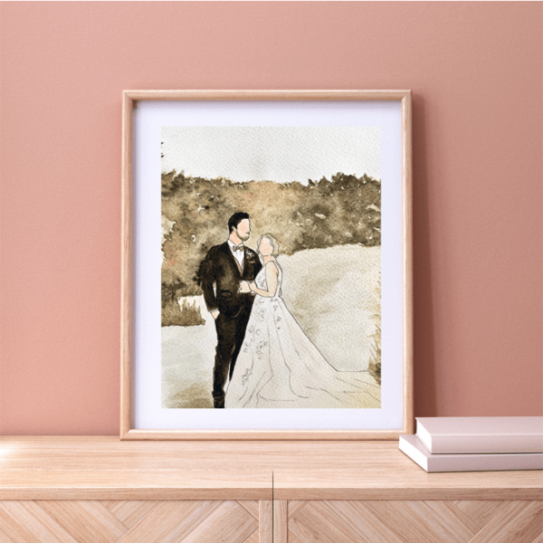 Watercolour wedding portrait of a newlywed couple in a frame