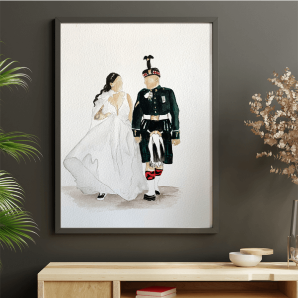 Hand-painted watercolour wedding portrait in a frame