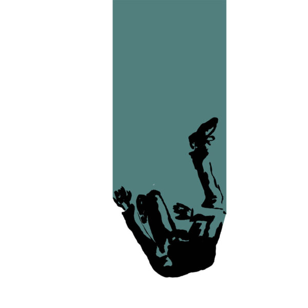Abstract artwork of a man falling through empty space with a teal background