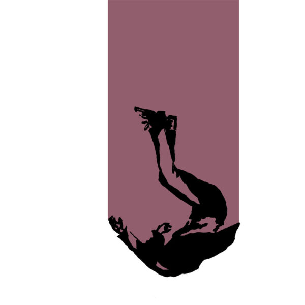 Abstract artwork of a man falling through empty space with a mauve background