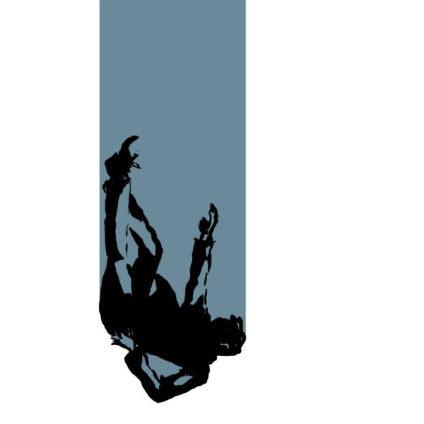 Abstract artwork of a male silhouette falling through empty space with a blue background