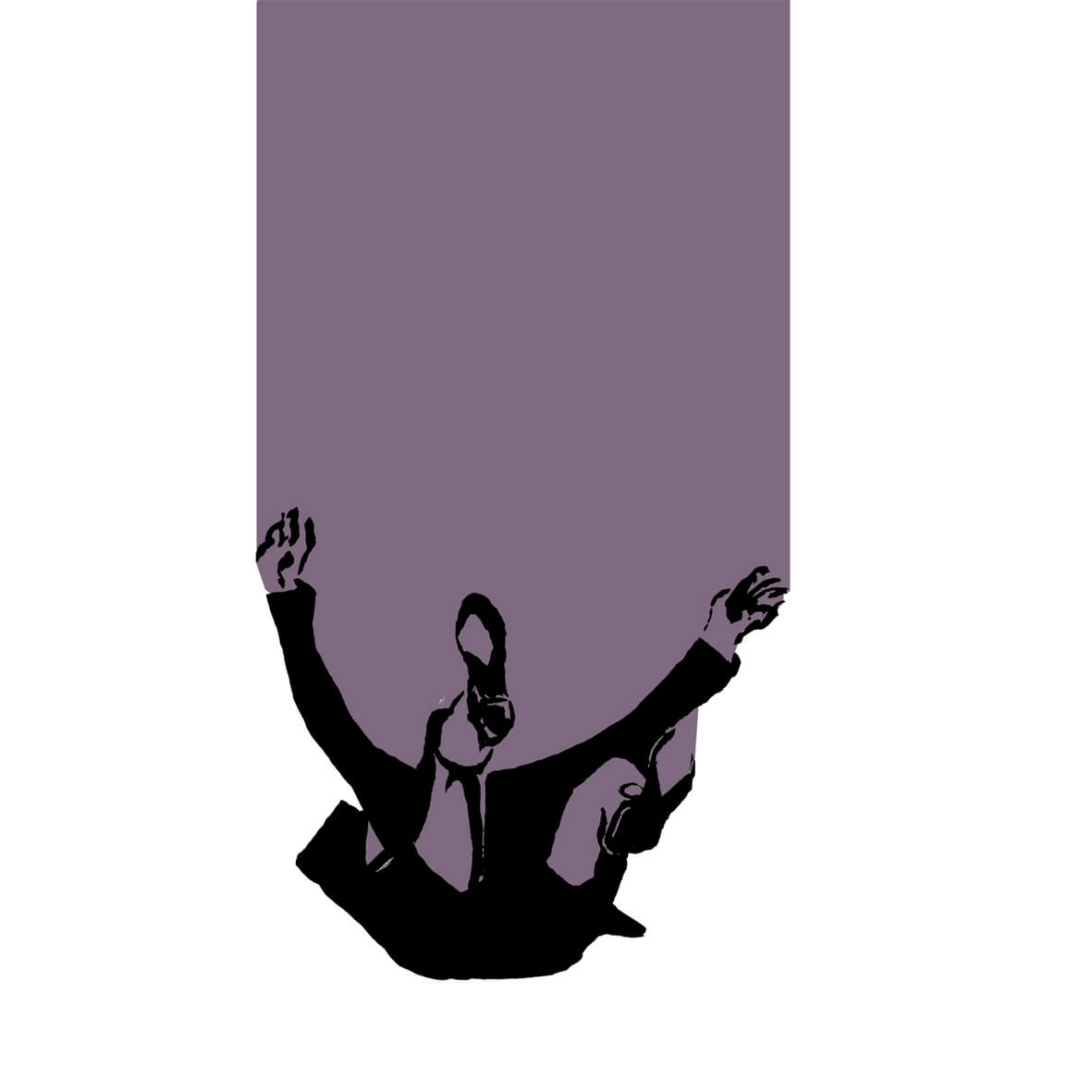 Abstract artwork of a man's silhouette falling through empty space with a purple background